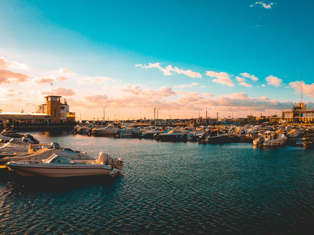 Harbor style: beautiful scenery of blue sky, blue sea and yachts